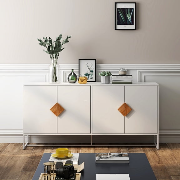 Square Handle Solid Wood Sideboard, 4 Doors & Double Storage, Living Room Buffet, Tv Stand, E1 , Iron Frame, Painting, Stable Sideboard With Design, Doors, Storage Painted, And Space Saving