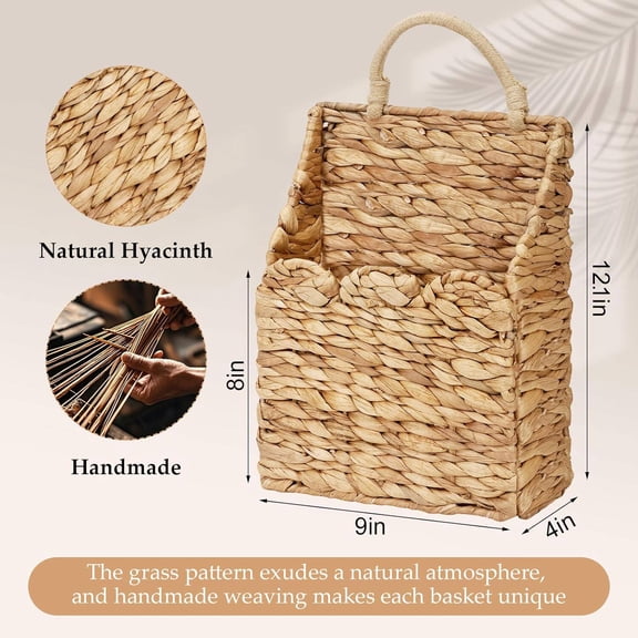 Square Hanging Basket with Handle ，Wicker Storage Baskets, Hanging Wall Baskets for Organizing Files, Mail, Books, and Accessories