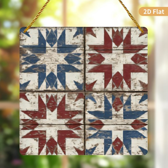 Square Hanging Ornament 8x8 Inch Rustic Quilt Block Pattern Red White and Blue Primitive Design Acrylic Wall Art Decor for Home Living Room 1 Pack