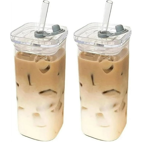 Square Heat Resistant Coffee Glass Cup With Lid and Straw Transparent Milk Tea Juice Cups Coffee Mug For Home Bar Drinkware(1PCS)