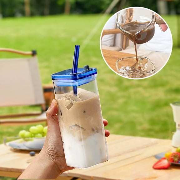 Square Heated Coffee Glass, Portable Drinking Cup, Transparent Glass Cups with Lid And Straw, Portable Drinking Clear Tumblers 350ml, Transparent Heated Milk Tea Juice Cups for Home Bar