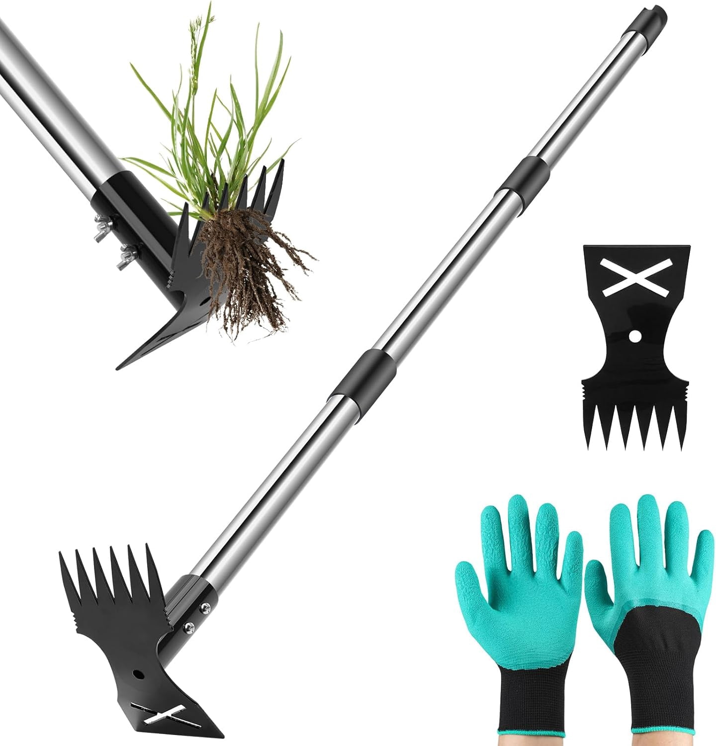 Square Heavy Duty 60in Stand-Up Weed Puller Tool - 2-in-1 Manual Weeder