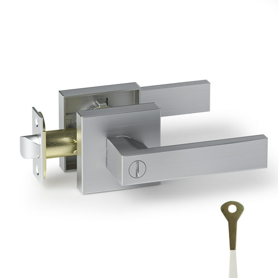 Square Heavy Duty Door Handle Lever Set, Interior and Exterior Door Handles, Complete Exterior Door Lock Set with Deadbolt,Stainless Steel, Satin Nickel, Privacy Keyless, 1 Pack