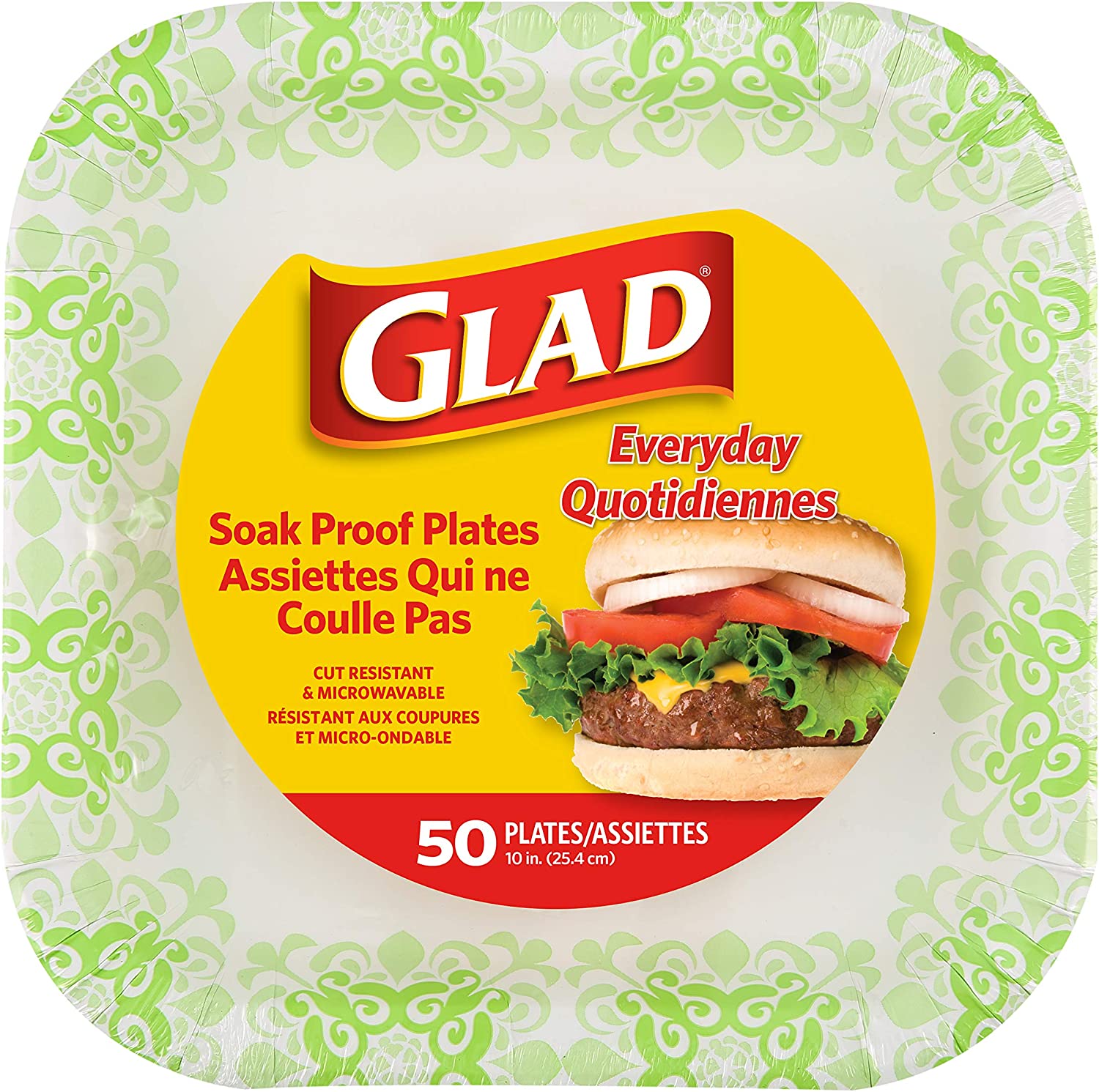 Square Heavy Duty Paper Plates, Soak Proof and Cut for Parties Everyday Meals, Microwaveable Easy Serving, Green Victorian Pattern, 10 Inch, 50 Count