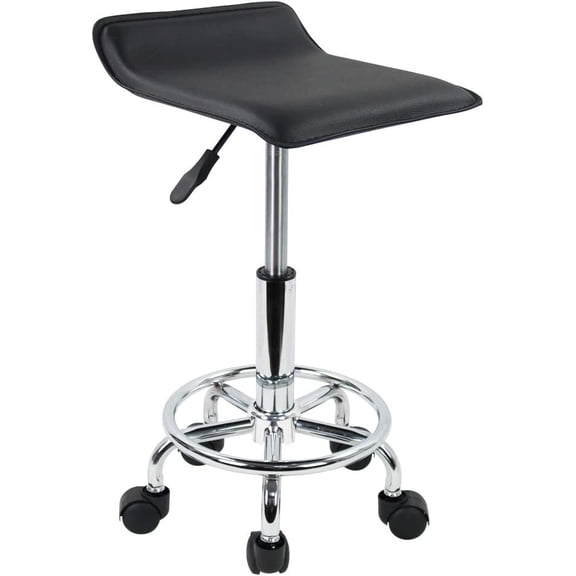 Square Height Adjustable Rolling Stool with Foot Rest PU Leather Seat Cushion Spa Drafting Salon Tattoo Work Swivel Office Stools Task Chair Small (Black)