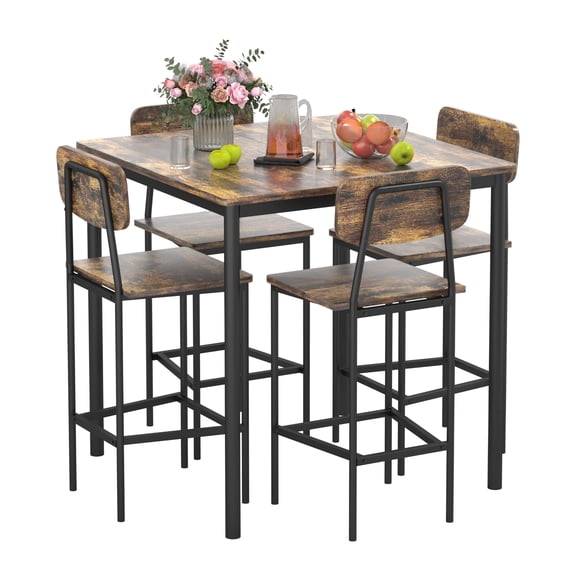 Square High Top Dining Table Set, 4-Piece Industrial Kitchen Table with Chairs, Rustic Brown Finish for Home and Bar Use