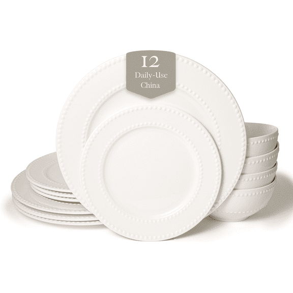 Square House New Bone China 12 Piece Dinnerware Set, Santorini Collection (Beaded), White, Daily Use China, Embossed Tableware Service for 4
