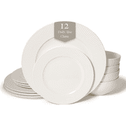 Square House New Bone China 12 Piece Dinnerware Set, Santorini Collection Sun, White, Daily Use China, Embossed Tableware Service for 4