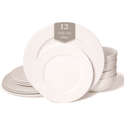 Square House New Bone China 12 Piece Dinnerware Set, Santorini Collection Wave, White, Daily Use China, Embossed Tableware Service for 4