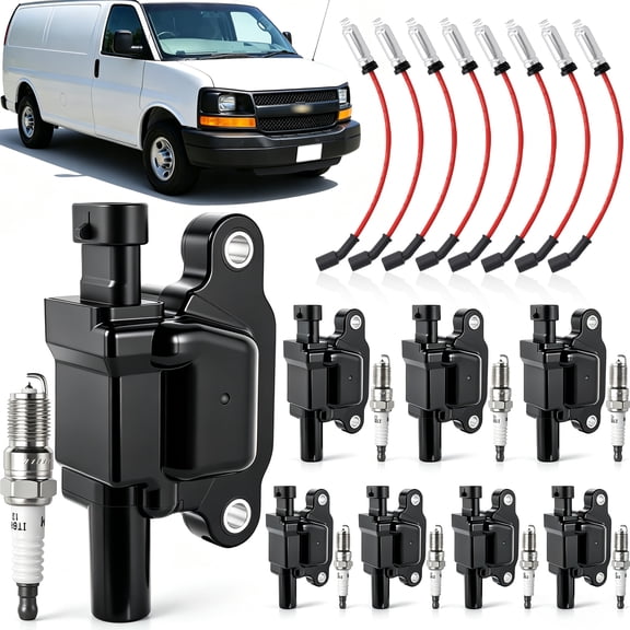 Square Ignition Coil Set with Spark Plugs & Wires - Compatible with Chevy Express 4500 3500 2500 2010-2020 6.0L V8, Coil Replaces UF-413, 12570616, 12611424, D510C, C1511