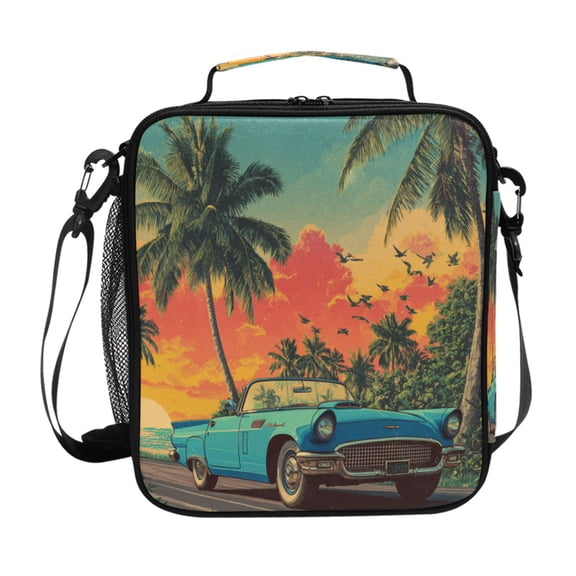 Square Insulated Lunch Bag Leak-proof Lunch Box for Outdoor Work Picnic Blue Vintage Cabriolet