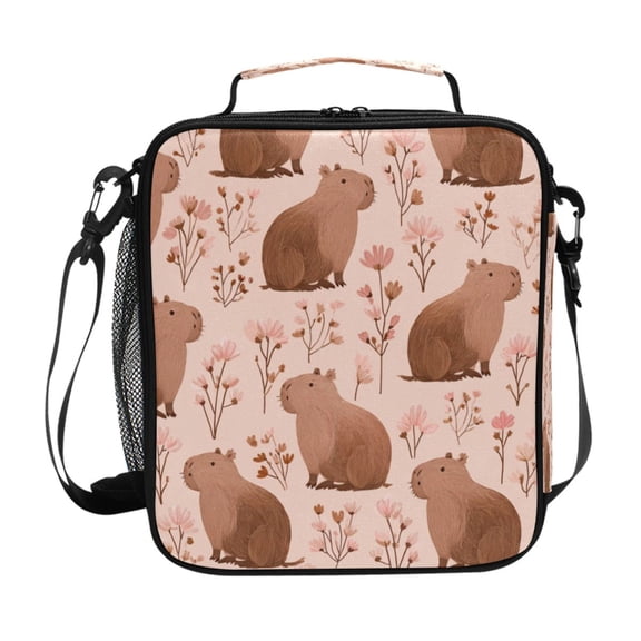 Square Insulated Lunch Bag Leak-proof Lunch Box for Outdoor Work Picnic Cute Brown Capybara Pattern