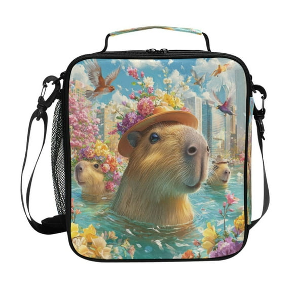 Square Insulated Lunch Bag Leak-proof Lunch Box for Outdoor Work Picnic Cute Joyful Capybaras