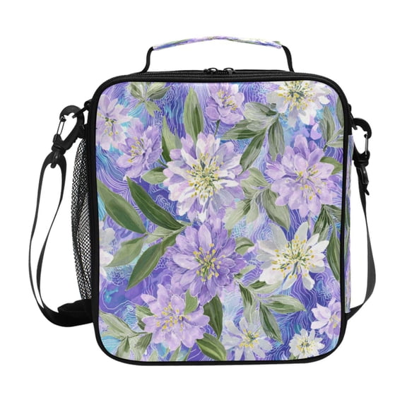 Square Insulated Lunch Bag Leak-proof Lunch Box for Outdoor Work Picnic Elegant Purple Daffodil Pattern