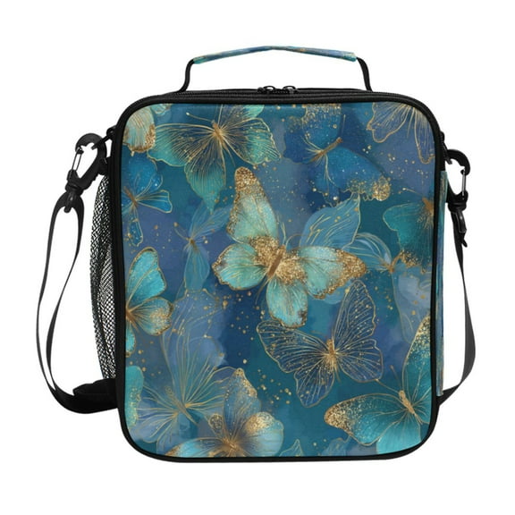 Square Insulated Lunch Bag Leak-proof Lunch Box for Outdoor Work Picnic Gold and Teal Butterflies