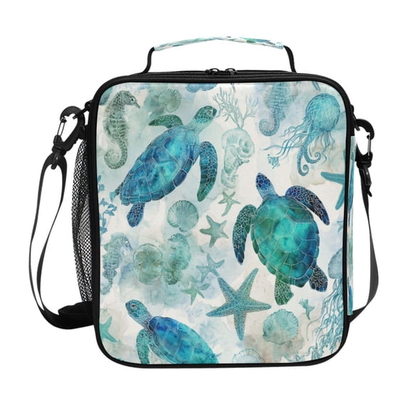 Square Insulated Lunch Bag Leak-proof Lunch Box for Outdoor Work Picnic Green Adorable Sea Creatures