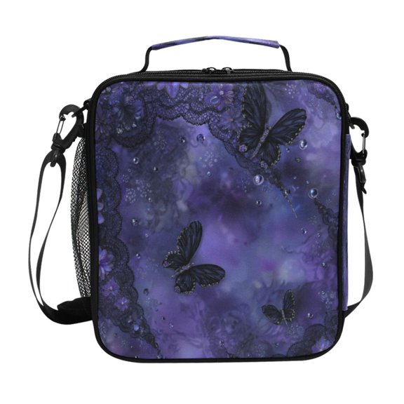 Square Insulated Lunch Bag Leak-proof Lunch Box for Outdoor Work Picnic Mysterious Flowerbed and Butterflies
