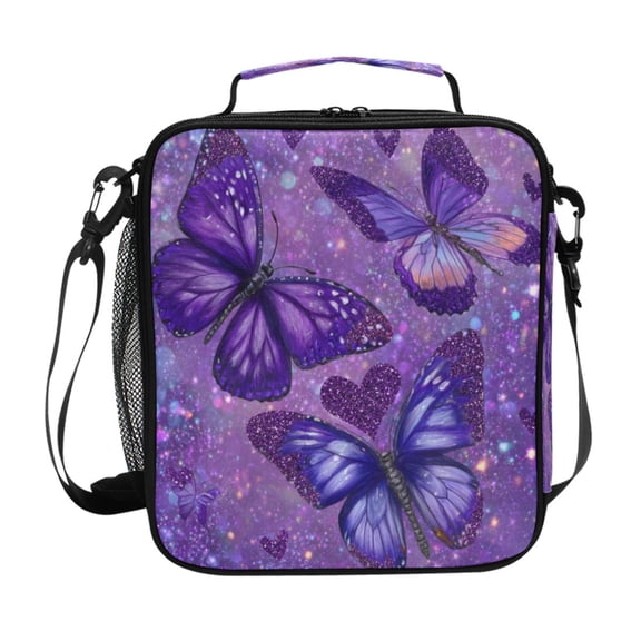 Square Insulated Lunch Bag Leak-proof Lunch Box for Outdoor Work Picnic Shimmering Purple Butterflies