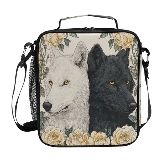 Square Insulated Lunch Bag Leak-proof Lunch Box for Outdoor Work Picnic Two Black and White Wolves