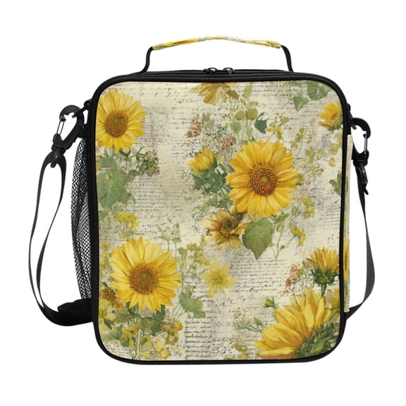 Square Insulated Lunch Bag Leak-proof Lunch Box for Outdoor Work Picnic Vintage Faded Sunflowers