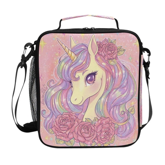 Square Insulated Lunch Bag Leak-proof Lunch Box for Outdoor Work Picnic10.5*3.5*9.5 Cute Unicorn with Elegant Roses