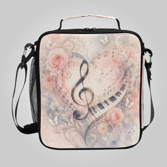 Square Insulated Lunch Bag Leak-proof Lunch Box for Outdoor Work Picnic10.5*3.5*9.5 Rose Heart Piano Print