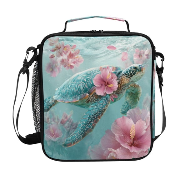 Square Insulated Lunch Bag Leak-proof Lunch Box for Outdoor Work Picnic10.5*3.5*9.5 Sea Turtle with Hibiscus Flowers