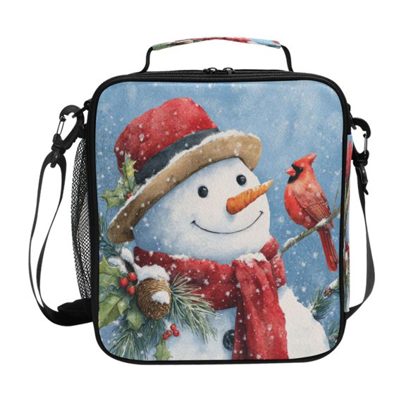 Square Insulated Lunch Bag Leak-proof Lunch Box for Outdoor Work Picnic10.5*3.5*9.5 Snowman with Red Cardinal Bird