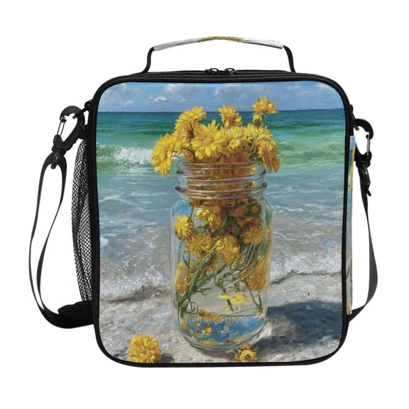 Square Insulated Lunch Bag Leak-proof Lunch Box for Outdoor Work Picnic10.5*3.5*9.5 Yellow Daisy Glass Jar