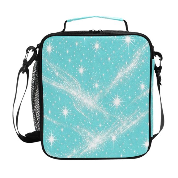 Square Insulated Lunch Bag Reusable Thermal Lunch Box Tote Cooler Bag with Side Mesh Pocket Cyan-blue Flashing Pattern