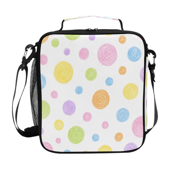 Square Insulated Lunch Bag Reusable Thermal Lunch Box Tote Cooler Bag with Side Mesh Pocket Hand-drawn Colorful Polka Dot Pattern
