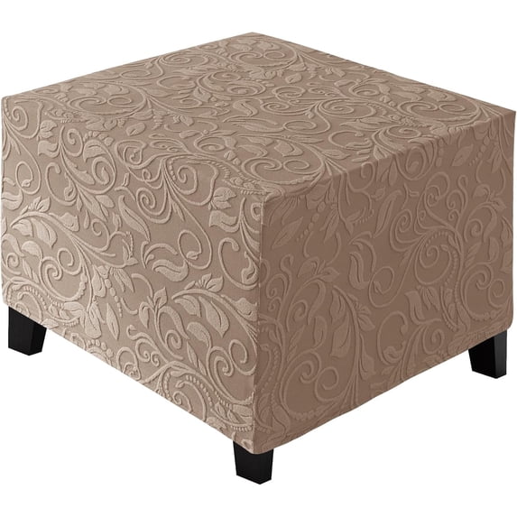 Square Jacquard Ottoman Slipcover Stretch Footstool Cover Removable Footrest Slipcover Washable Footstool Protector for Living Room (Light Brown, L)