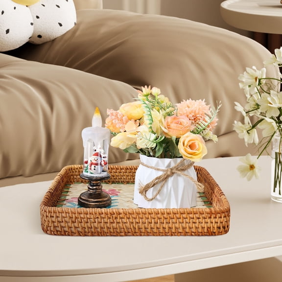 Square Keys Tray Woven Decorative Tray with Shell Inlay Woven Coffee Table Centerpiece Decor Bathroom Storage Holder for Living Room Dining Room Vanity