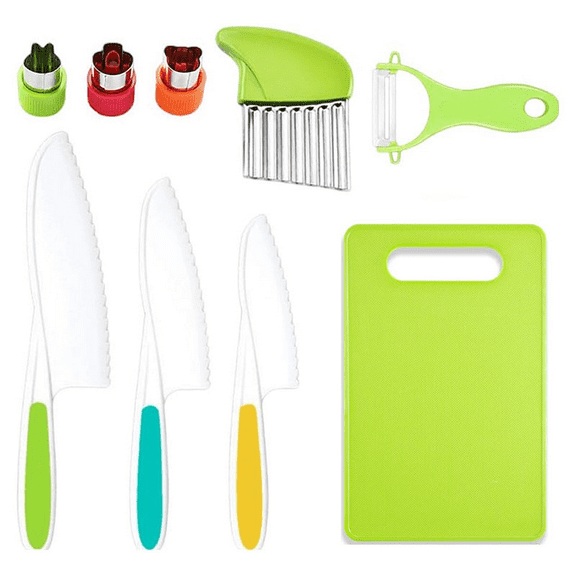 Square Kids Knife Set, 9 Pcs Montessori Kitchen Tools for Toddlers' Real Cooking,  Kids Safe Kitchen Cooking and Baking Set with Peeler, Cutting Board for Sandwich Bread Vegetable Fruit Present Gift