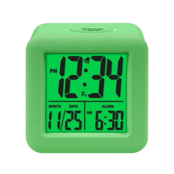 Square LED Alarm Clock with Smart Light Feature, Soft LCD Display for Bedroom and Desk,Green