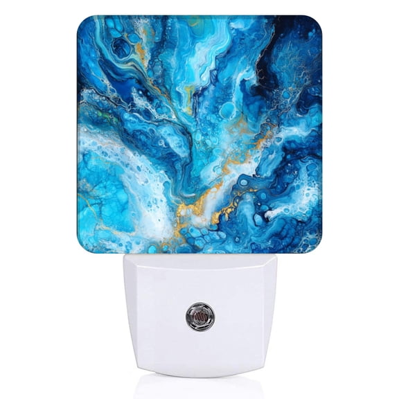 Square LED Night Lights Lamp with Dusk to Dawn Sensor, Abstract Fluid Painting In Blue Tones Night Light Plug Into Wall for Kids Room, Bedroom, Bathroom, Kitchen, Hallway
