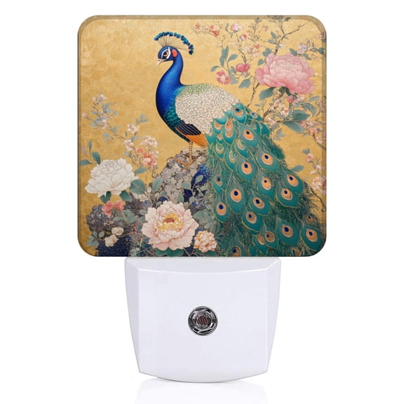 Square LED Night Lights Lamp with Dusk to Dawn Sensor, Beautiful Floral - Surrounded Peafowl Night Light Plug Into Wall for Kids Room, Bedroom, Bathroom, Kitchen, Hallway