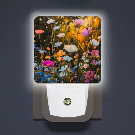 Square LED Night Lights Lamp with Dusk to Dawn Sensor, Beautiful Flowers In The Sunlight Night Light Plug Into Wall for Kids Room, Bedroom, Bathroom, Kitchen, Hallway