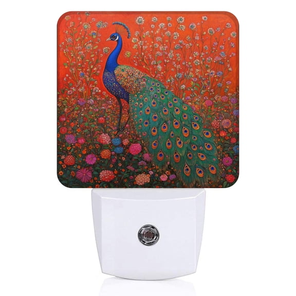 Square LED Night Lights Lamp with Dusk to Dawn Sensor, Blue Peacock Stands Among The Flowers Night Light Plug Into Wall for Kids Room, Bedroom, Bathroom, Kitchen, Hallway