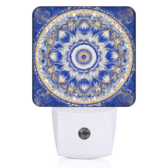 Square LED Night Lights Lamp with Dusk to Dawn Sensor, Blue And White Mandala Night Light Plug Into Wall for Kids Room, Bedroom, Bathroom, Kitchen, Hallway