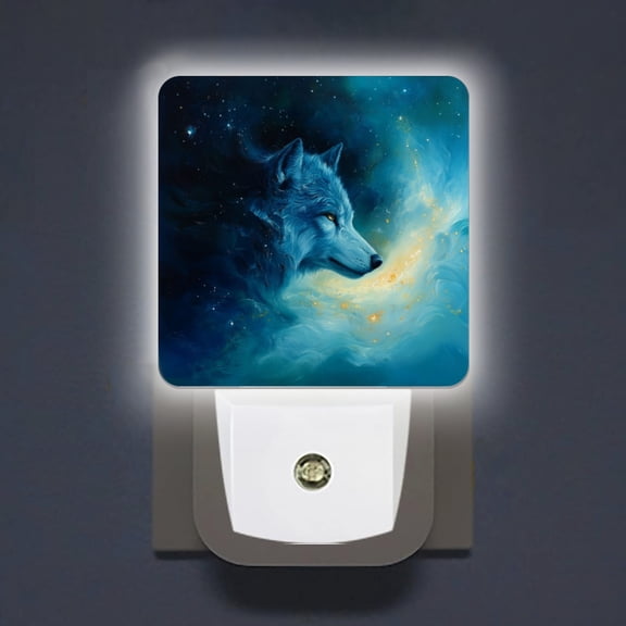 Square LED Night Lights Lamp with Dusk to Dawn Sensor, Blue Wolf In The Deep Sky Night Light Plug Into Wall for Kids Room, Bedroom, Bathroom, Kitchen, Hallway