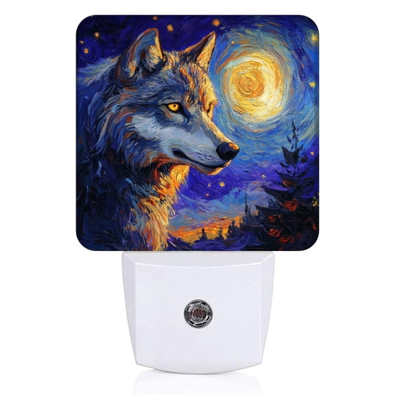 Square LED Night Lights Lamp with Dusk to Dawn Sensor, Celestial Wolf In Nightscape Night Light Plug Into Wall for Kids Room, Bedroom, Bathroom, Kitchen, Hallway