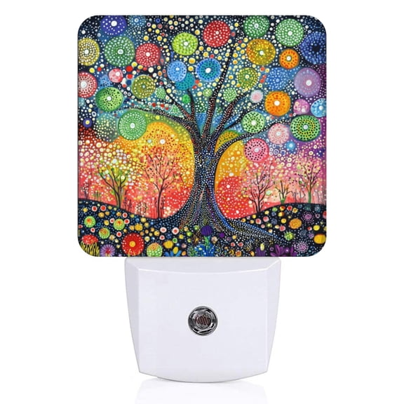 Square Night Lights Plug Into Wall, Colorful Polka Dots Tree In Abstract Style Night Lights Lamp with Dusk to Dawn Sensor for Kids Room, Bedroom, Bathroom, Kitchen, Hallway