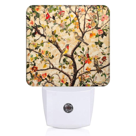 Square LED Night Lights Lamp with Dusk to Dawn Sensor, Cute Birds Perched On The Branches Night Light Plug Into Wall for Kids Room, Bedroom, Bathroom, Kitchen, Hallway