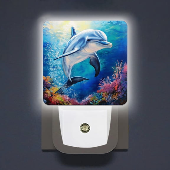 Square LED Night Lights Lamp with Dusk to Dawn Sensor, Cute Dolphin Swimming In Blue Water Night Light Plug Into Wall for Kids Room, Bedroom, Bathroom, Kitchen, Hallway