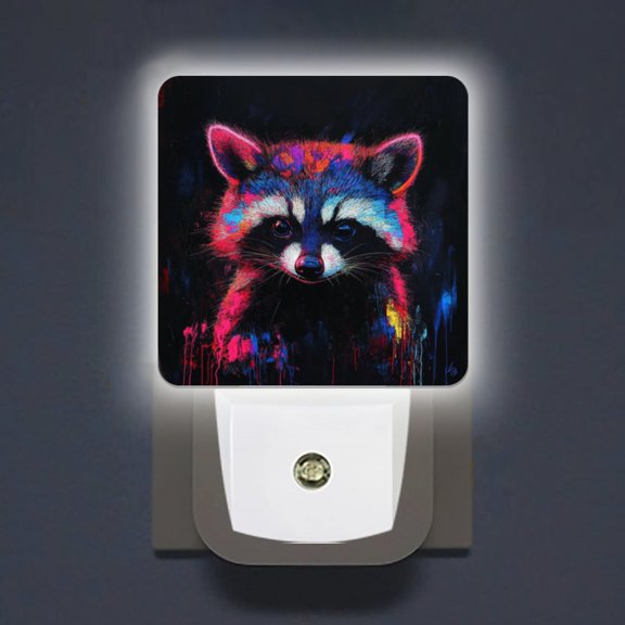 Square LED Night Lights Lamp with Dusk to Dawn Sensor, Cute Raccoon With Bright Fur Night Light Plug Into Wall for Kids Room, Bedroom, Bathroom, Kitchen, Hallway