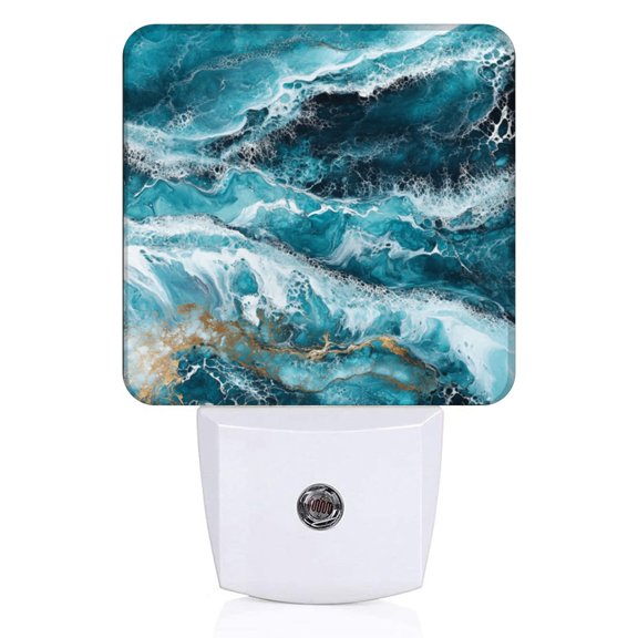 Square LED Night Lights Lamp with Dusk to Dawn Sensor, Dynamic Blue - Green Wave Art Night Light Plug Into Wall for Kids Room, Bedroom, Bathroom, Kitchen, Hallway