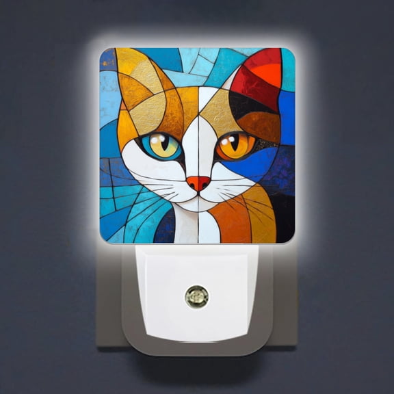 Square LED Night Lights Lamp with Dusk to Dawn Sensor, Exquisite Art - Glass Cat Night Light Plug Into Wall for Kids Room, Bedroom, Bathroom, Kitchen, Hallway