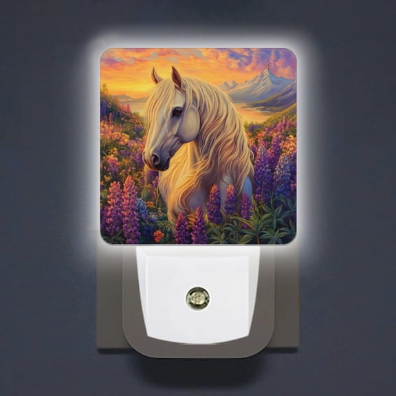 Square LED Night Lights Lamp with Dusk to Dawn Sensor, Exquisite Floral - Landscape Horse Night Light Plug Into Wall for Kids Room, Bedroom, Bathroom, Kitchen, Hallway