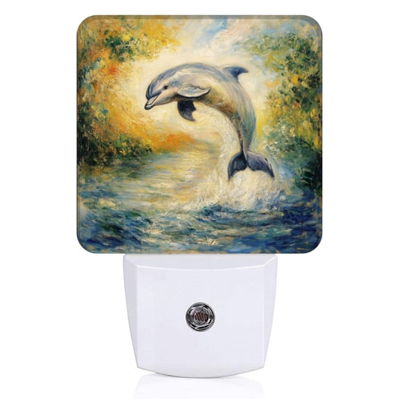 Square LED Night Lights Lamp with Dusk to Dawn Sensor, Exquisite Leaping - Dolphin Canvas Night Light Plug Into Wall for Kids Room, Bedroom, Bathroom, Kitchen, Hallway